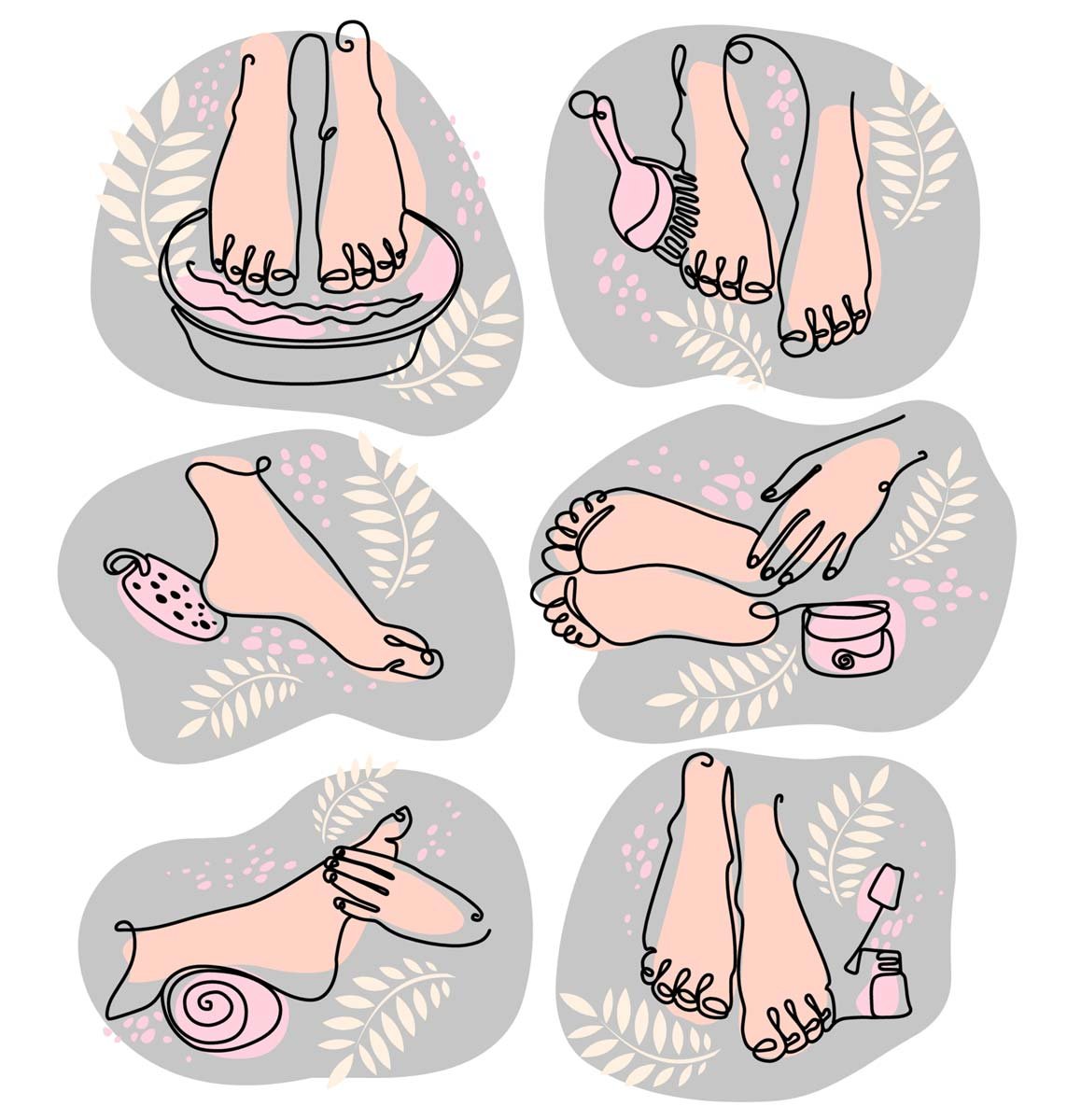Process:  The first thing you'll need to do is soak your feet in warm water for about five minutes. This will help soften your skin, hydrate the feet and clean the nails.  Next, using some nail clippers cut and even out your nails, and clip off any excess skin or hangnails.  Then file your nails to the selected style like square, or round nails. There are not many different styles for toenail designs (on pedicure feet). But the last thing anyone should have are toenails that are overgrown and hanging over the toe stub.  Next is "cuticle cleanup", you can use a cuticle pusher to push the skin on the nails back to shape the nailbeds a little more evenly. Then, you can use a cuticle remover on the edges of your nails if you have any excess cuticle growth, which tends to happen when the hands and feet are used a lot.  Buff any uneven areas of the nail bed using a nail buffer and place in the bathwater again to remove any dust left behind.  At this point, you can start the spa-like treatments by adding an exfoliating product to the feet and legs. You can use any sugar scrub you have, or make it yourself using sugar and olive oil/coconut oil.   Gently exfoliate the leg and feet, and using a pumice stone start to treat any callus areas on the bottom and sides of the feet. This pedicure for feet would be very similar to the typical manicure pedicure salon treatment.  Grab your favorite cream and apply generously to the shin, ankle, top of the feet, and soles and massage. Massage in an upwards motion to really get the blood flowing to and from the feet. The leg massage is the best part of the whole spa treatment.   Using your cotton rag or towel to thoroughly dry your feet and legs, the foot pedicure spa now moves into the application of nail polish. For men's pedicure, the pedicure y manicure could stop here. A man pedicure would only be the grooming and spa treatment unless the person wants their toes painted.  If painting, you will use some cotton balls on your nails pedicure to remove any residual polish from the nailbed.  Separate the toes, with a toe separator that could be made from foam (pre-bought) or at home using rolled-up paper towels.  Paint gently and swiftly, you can use a pointed cotton swab (like this one) to get the paint off the skin beside the nails.