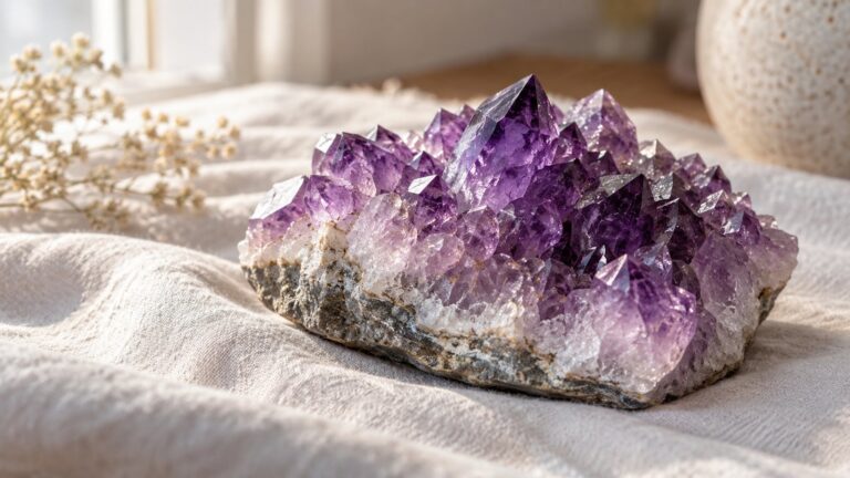 Raw amethyst crystal cluster on linen in soft window light
