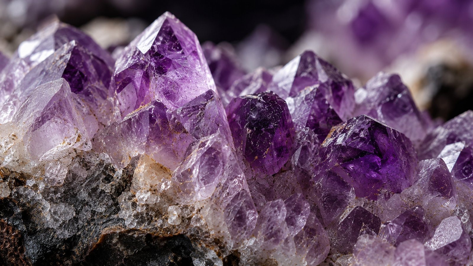Close-up of deep purple amethyst crystal points