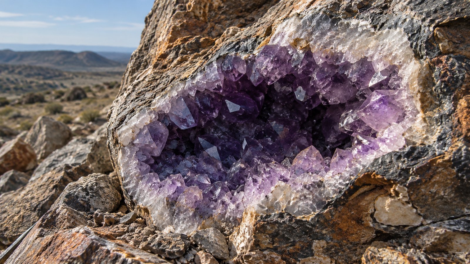 Amethyst-lined geode in rock on a sunlit hillside