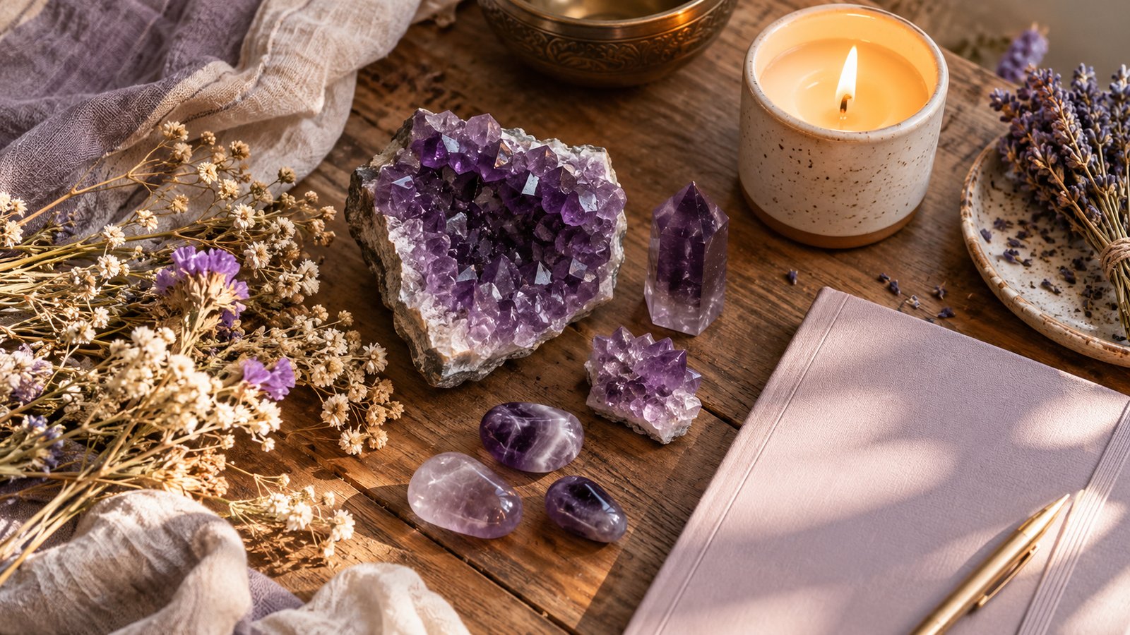 Amethyst cluster and tumbled stones on a wooden table with a candle and dried flowers