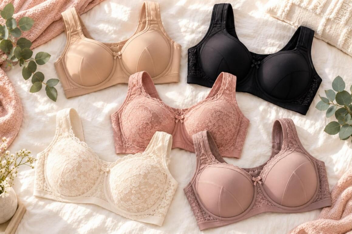Flat lay of the best full coverage bras for large breasts in nude, black, blush and ivory