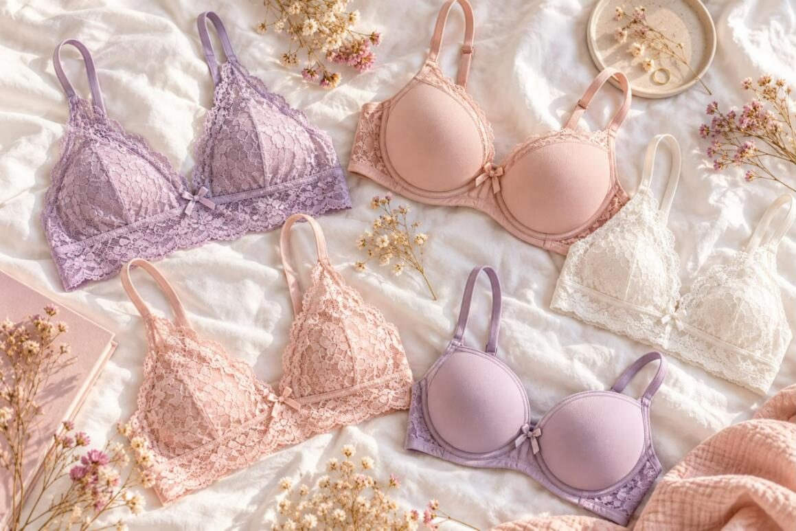 Flat lay of the best bras for small breasts: bralettes and lightly padded bras in pastel colors