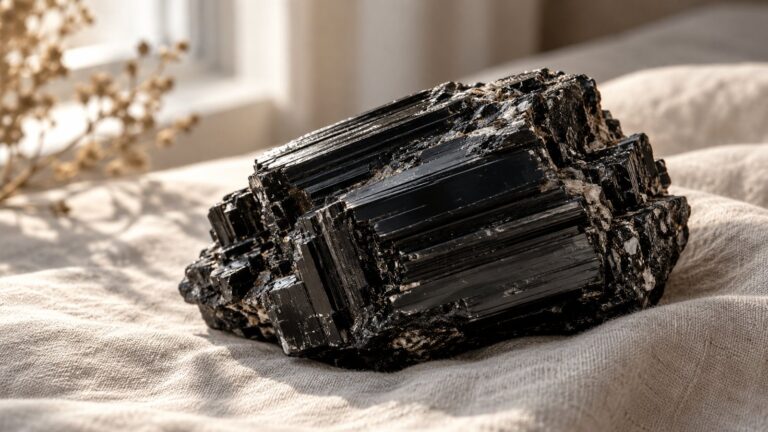 Raw black tourmaline (schorl) specimen on linen in window light