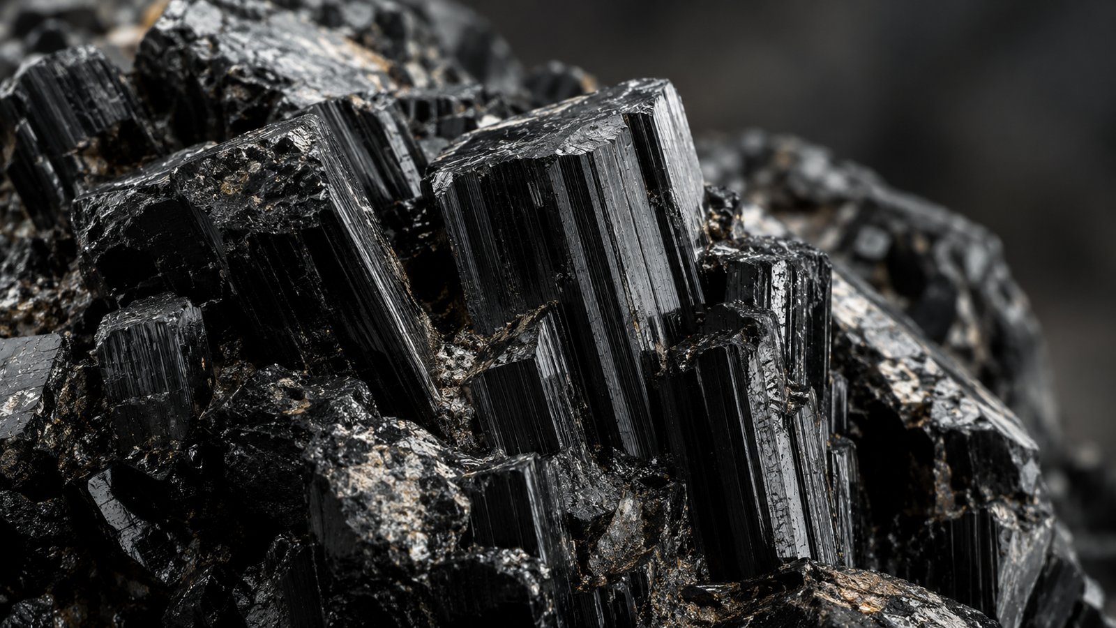 Close-up of striated black tourmaline crystals
