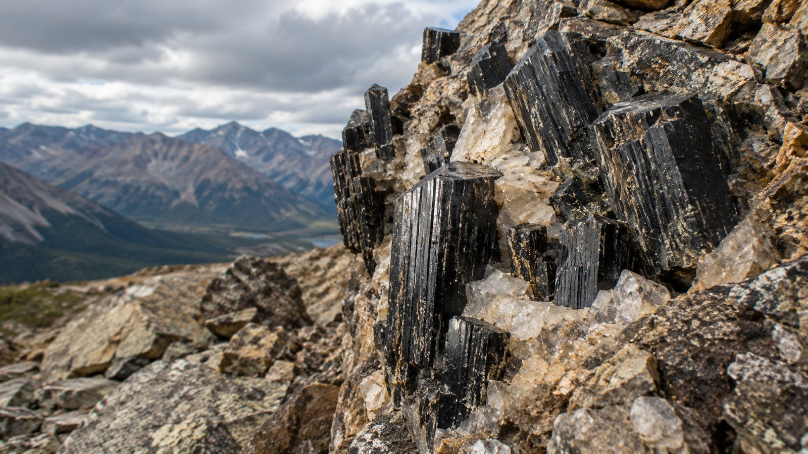 Black tourmaline crystals in rock on a mountainside