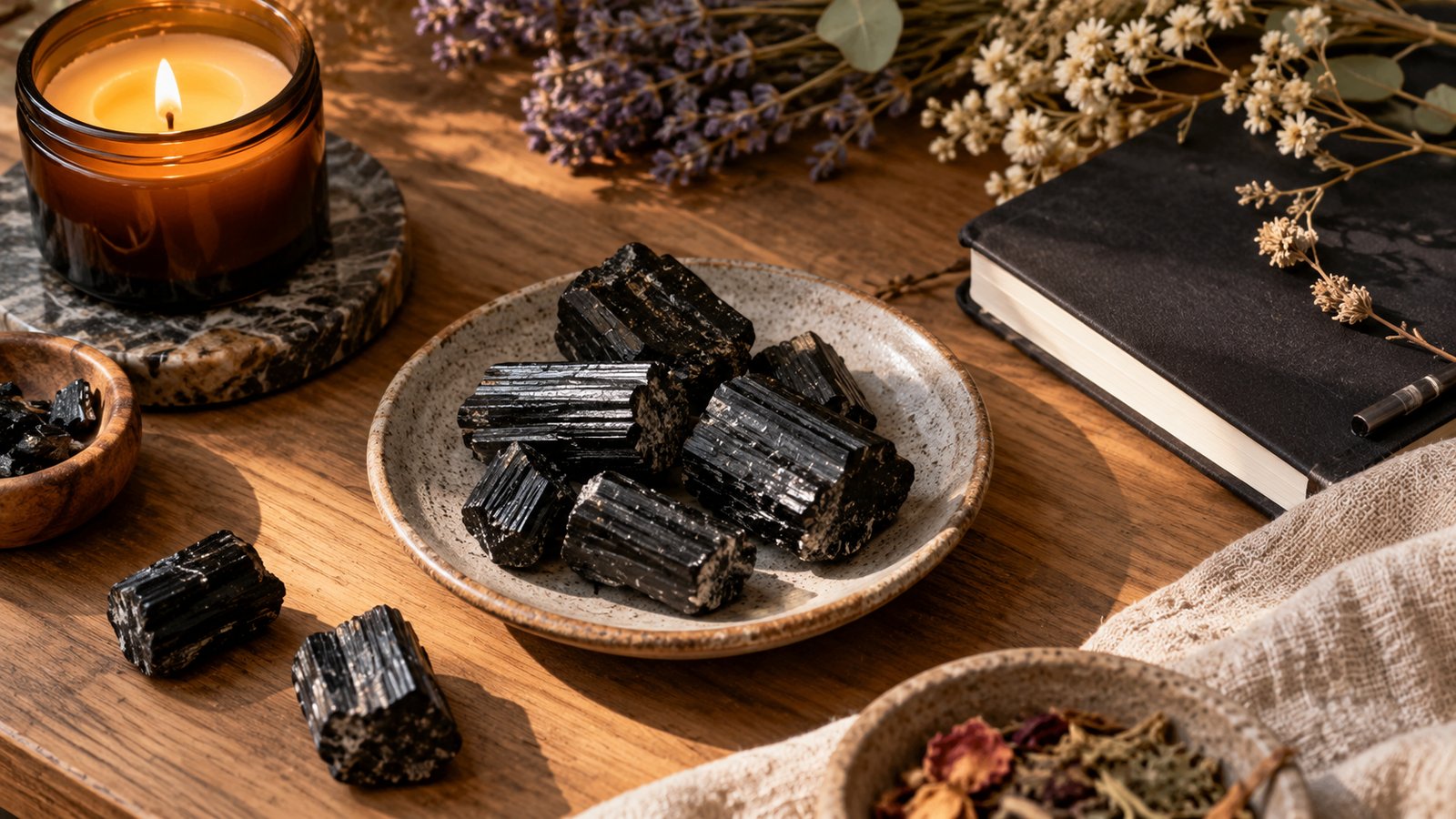 Black tourmaline pieces on a dish with a candle and a journal