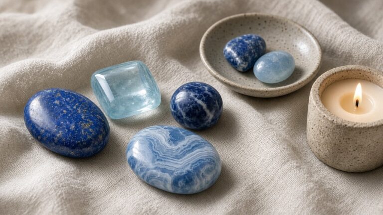 Blue crystals including lapis lazuli, aquamarine, sodalite and blue lace agate on linen