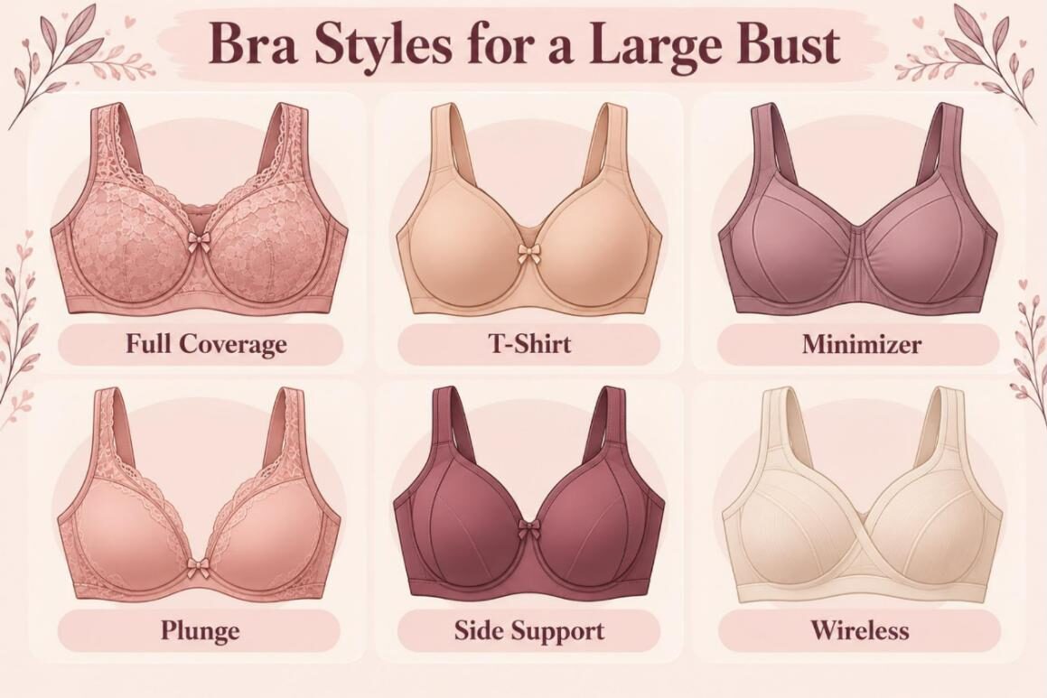 Infographic of bra styles for a large bust: full coverage, t-shirt, minimizer, plunge, side support and wireless