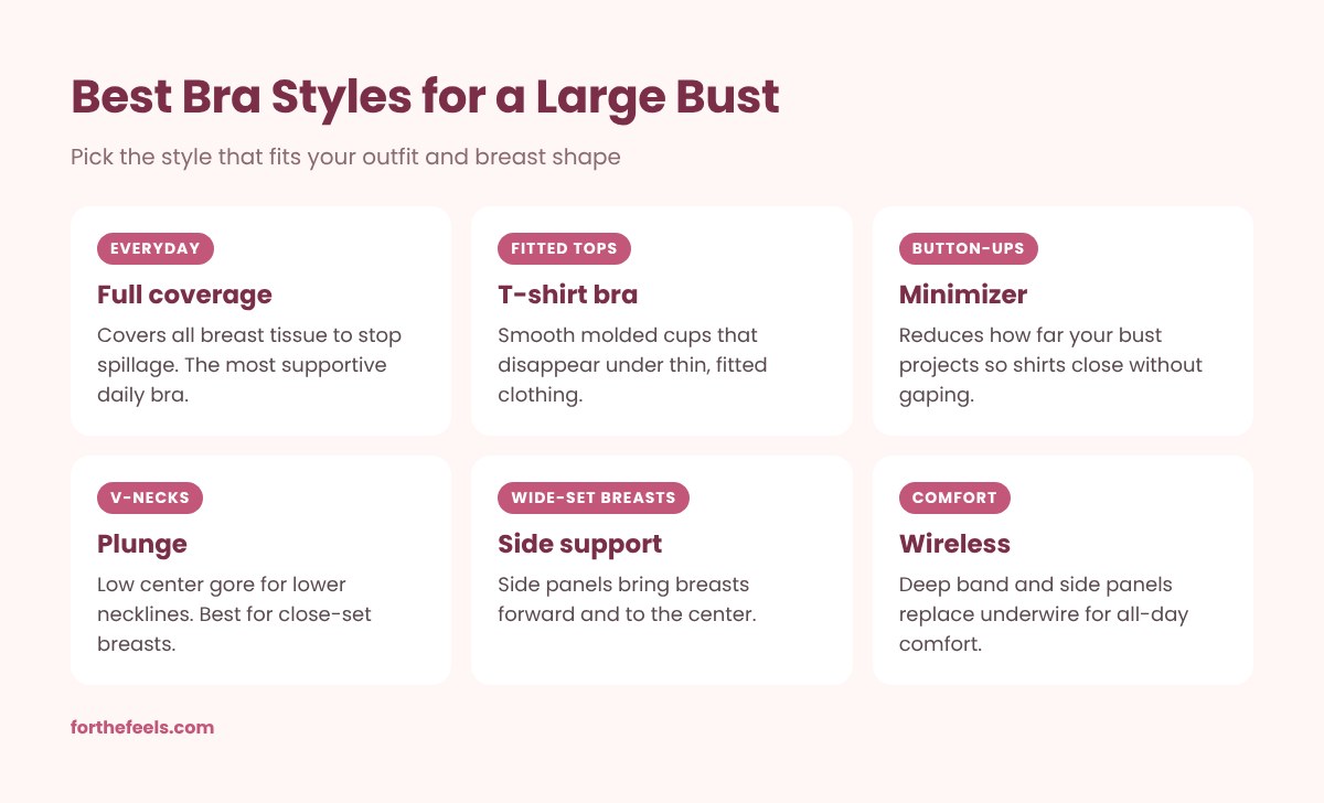 Best bra styles for large breasts: full coverage, t-shirt, minimizer, plunge, side support and wireless