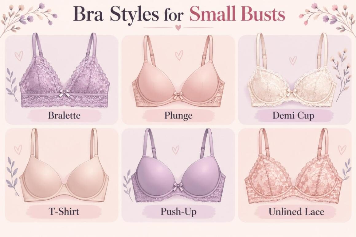 Infographic of bra styles for small busts: bralette, plunge, demi cup, t-shirt, push-up and unlined lace
