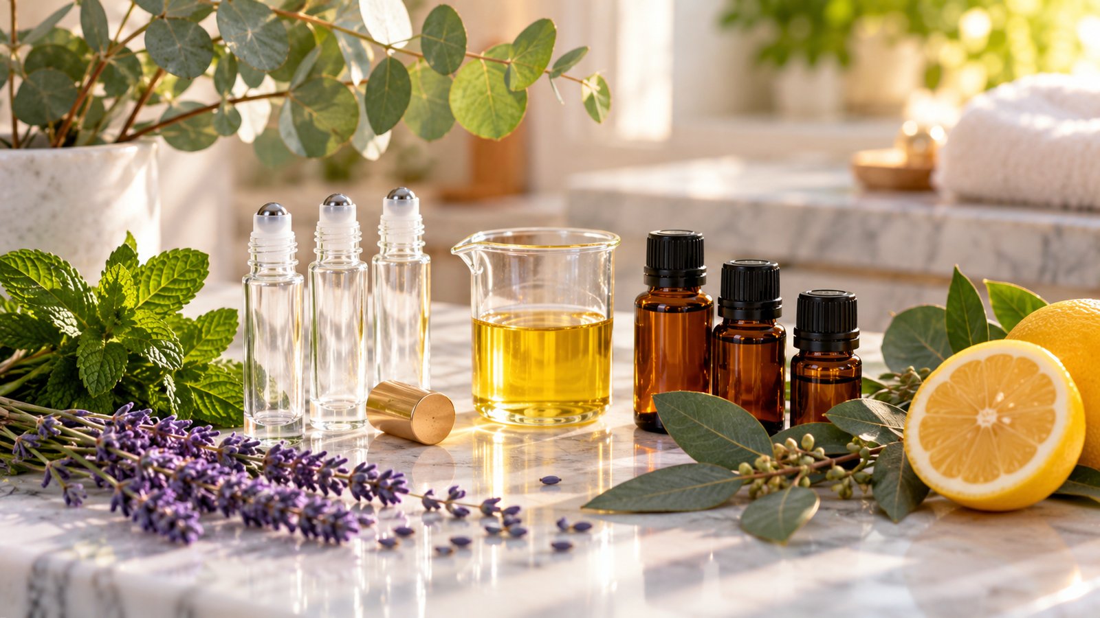 Glass roller bottles, carrier oil and amber essential oil bottles with fresh peppermint, lavender, eucalyptus and lemon