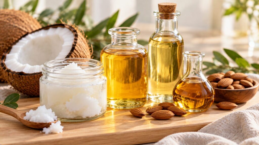 Carrier oils in glass jars, including coconut oil and sweet almond oil, with a halved coconut and almonds