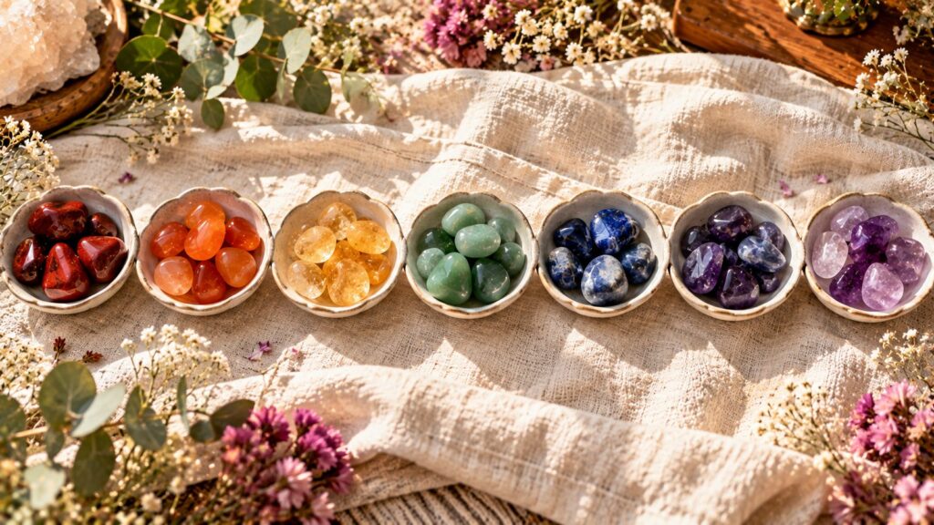 Seven small white dishes of tumbled chakra stones sorted by color from red to violet on cream linen