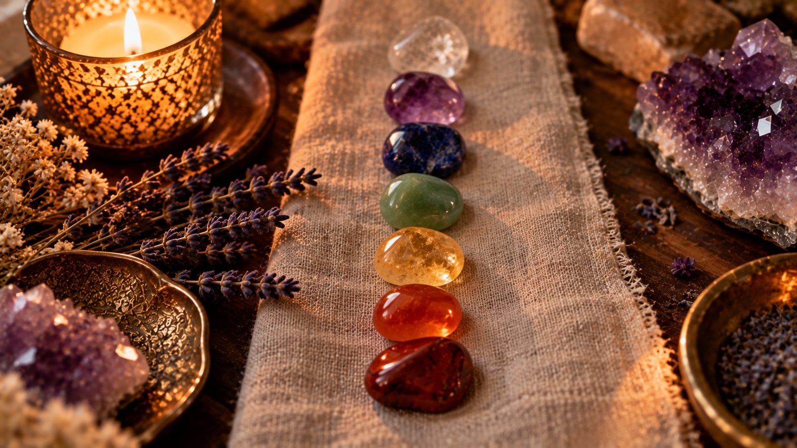 Seven tumbled chakra crystals in rainbow colors lined up on linen beside candles, lavender and an amethyst cluster