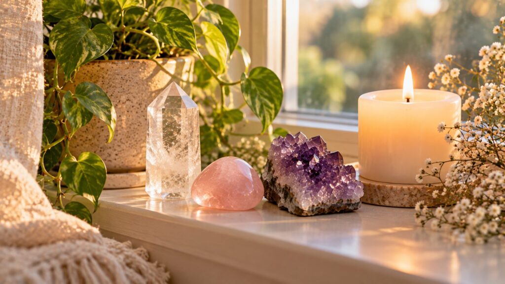 Clear quartz point, rose quartz and amethyst beside a lit white candle and plant on a windowsill