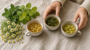 Fresh chamomile, peppermint and lemon balm beside cups of herbal tea