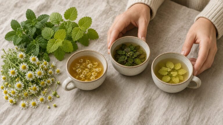 Fresh chamomile, peppermint and lemon balm beside cups of herbal tea
