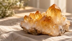 Golden citrine crystal cluster on linen in soft light
