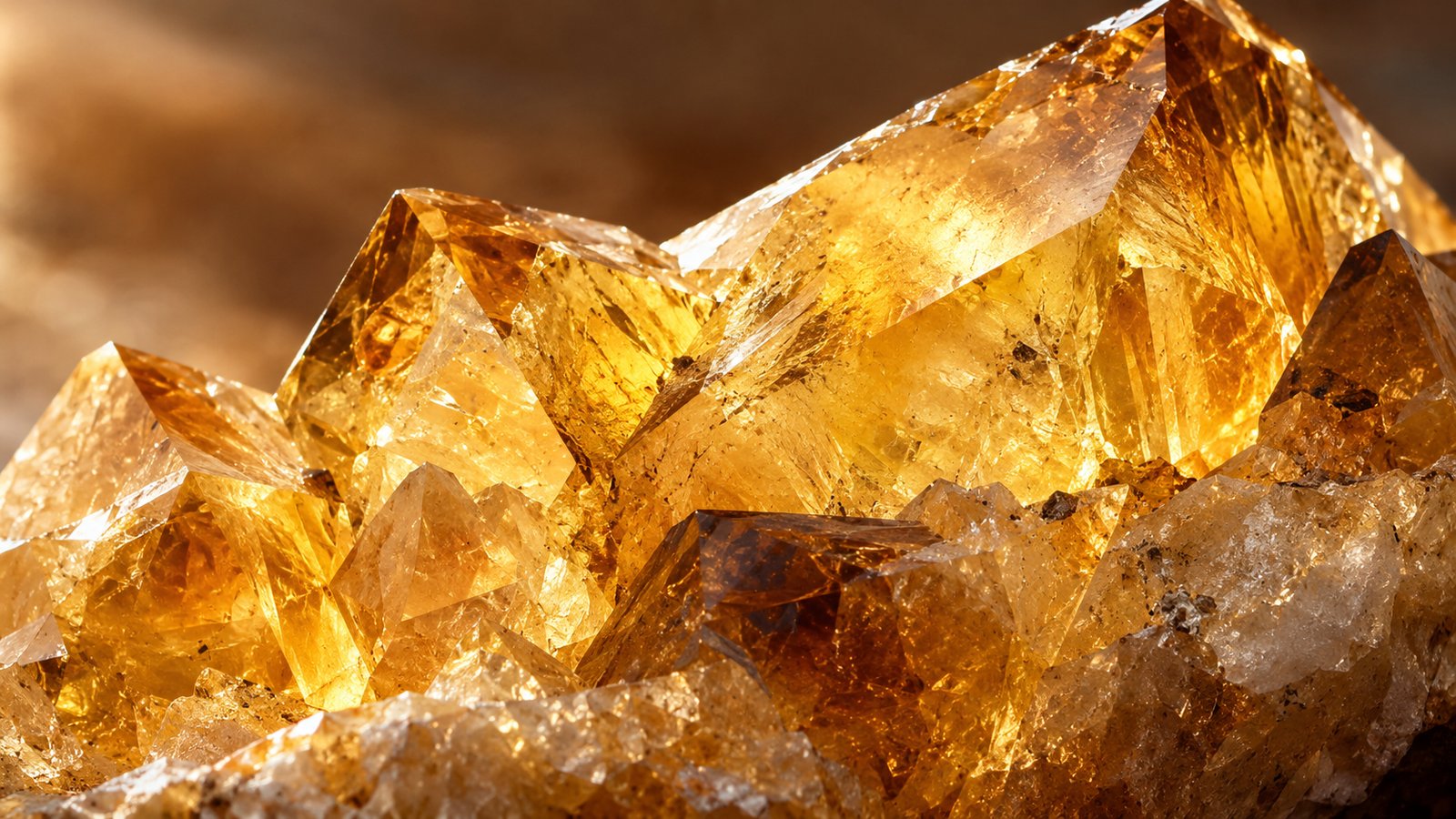 Close-up of golden-yellow citrine crystal points