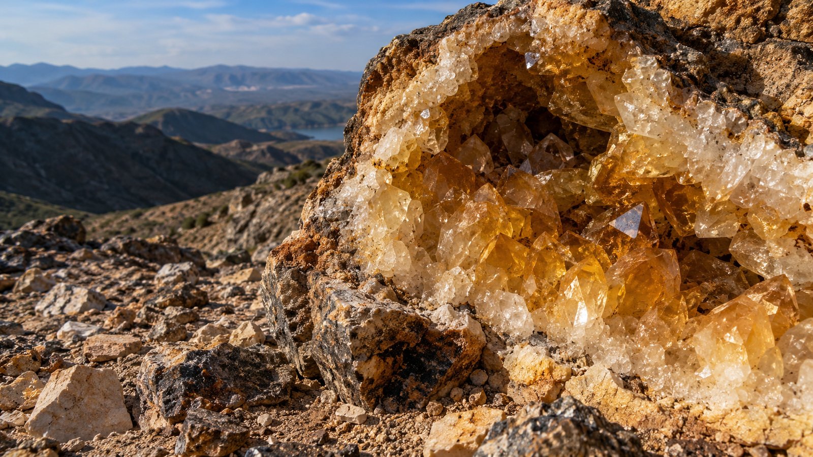 Citrine-filled geode in rock with mountains behind