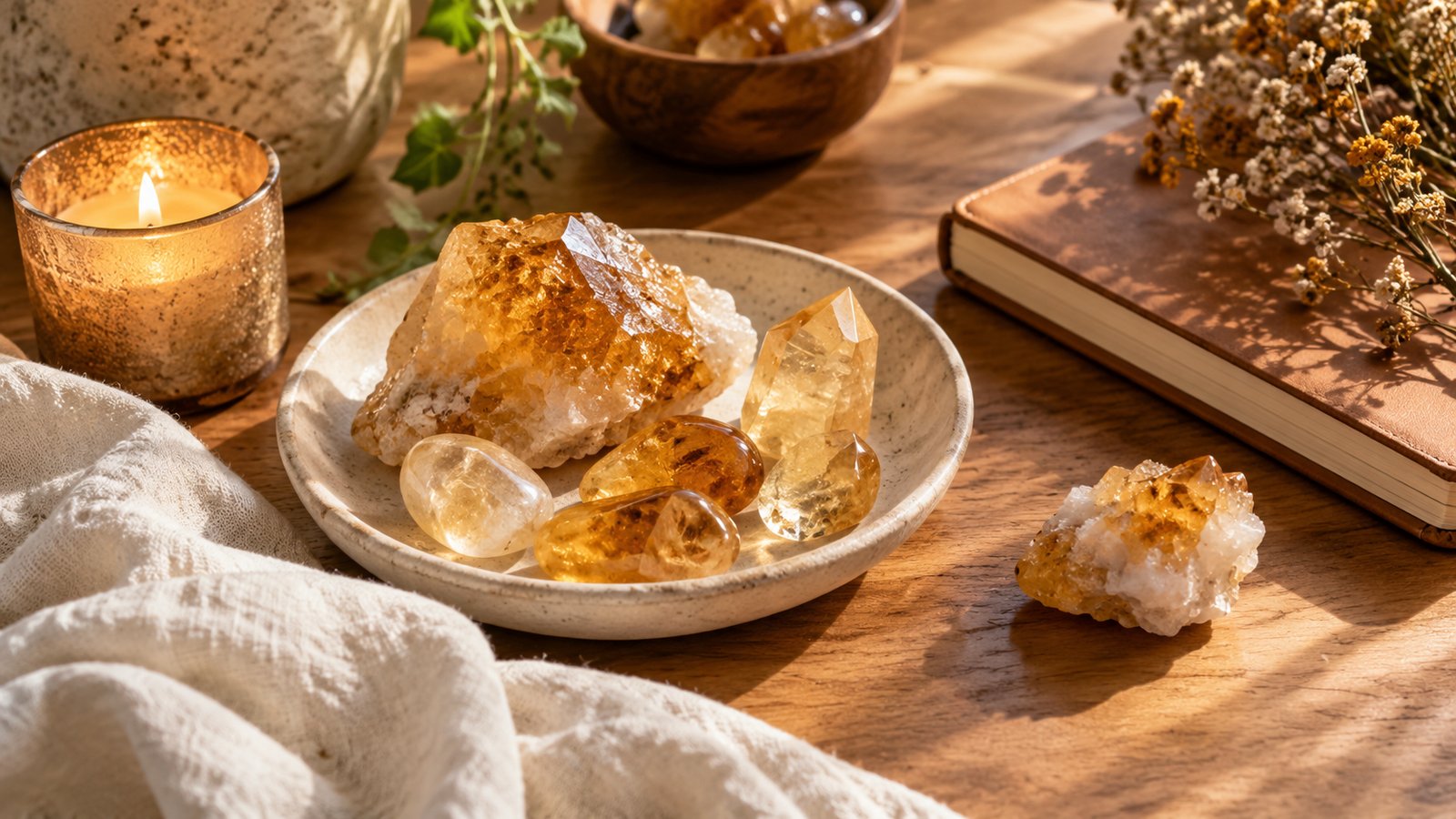 Citrine pieces on a ceramic dish with a candle and a journal