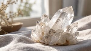 Clear quartz crystal cluster on linen by a sunny window