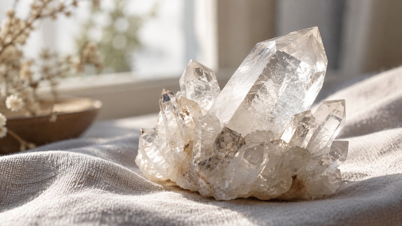 Clear quartz crystal cluster on linen by a sunny window