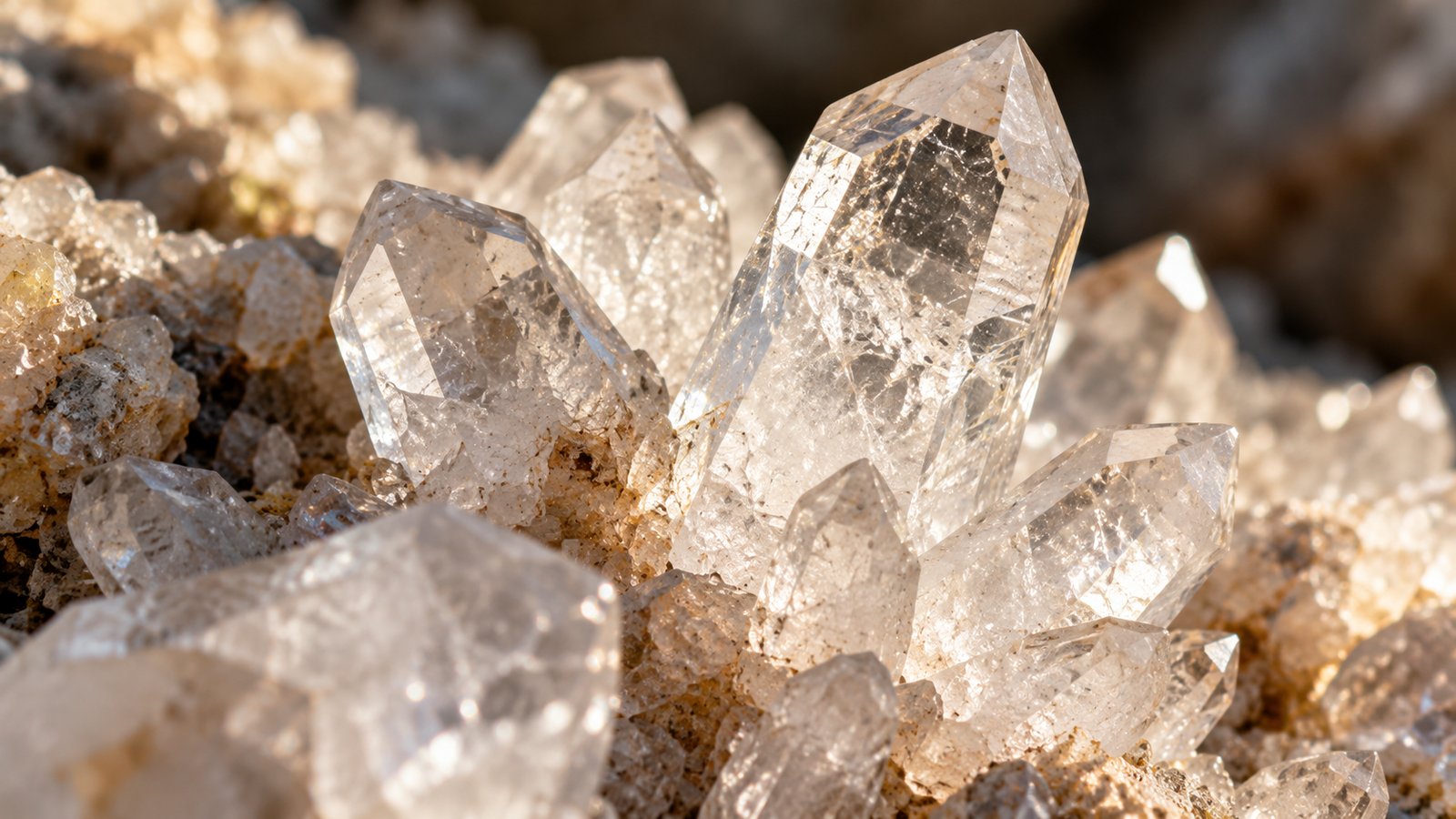 Close-up of clear quartz crystal points in warm light