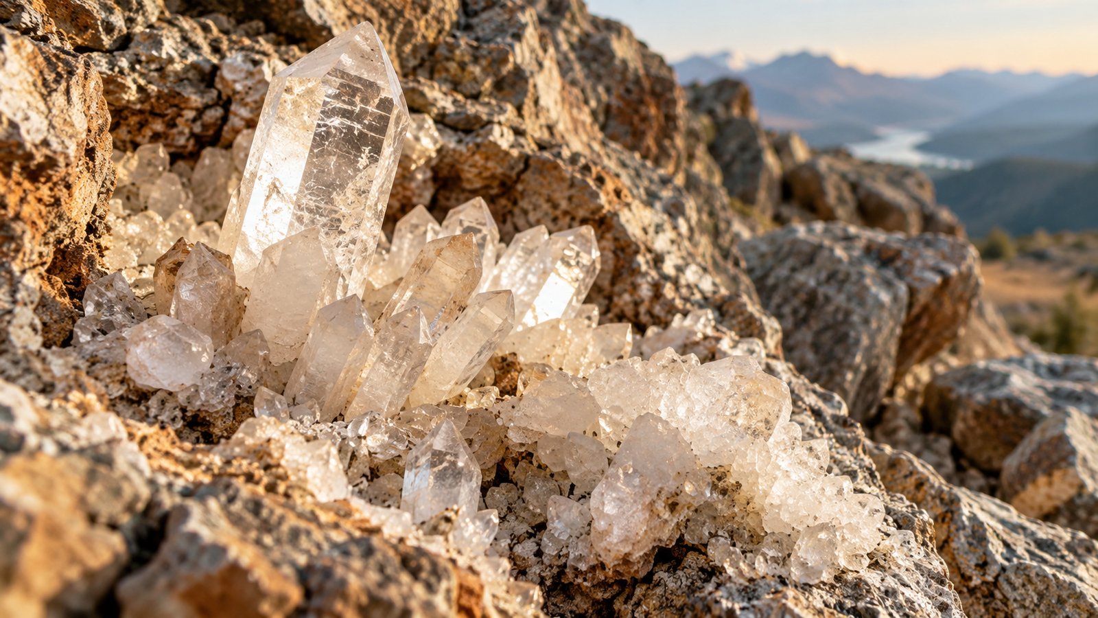 Clear quartz crystals growing in a rocky outcrop above a valley