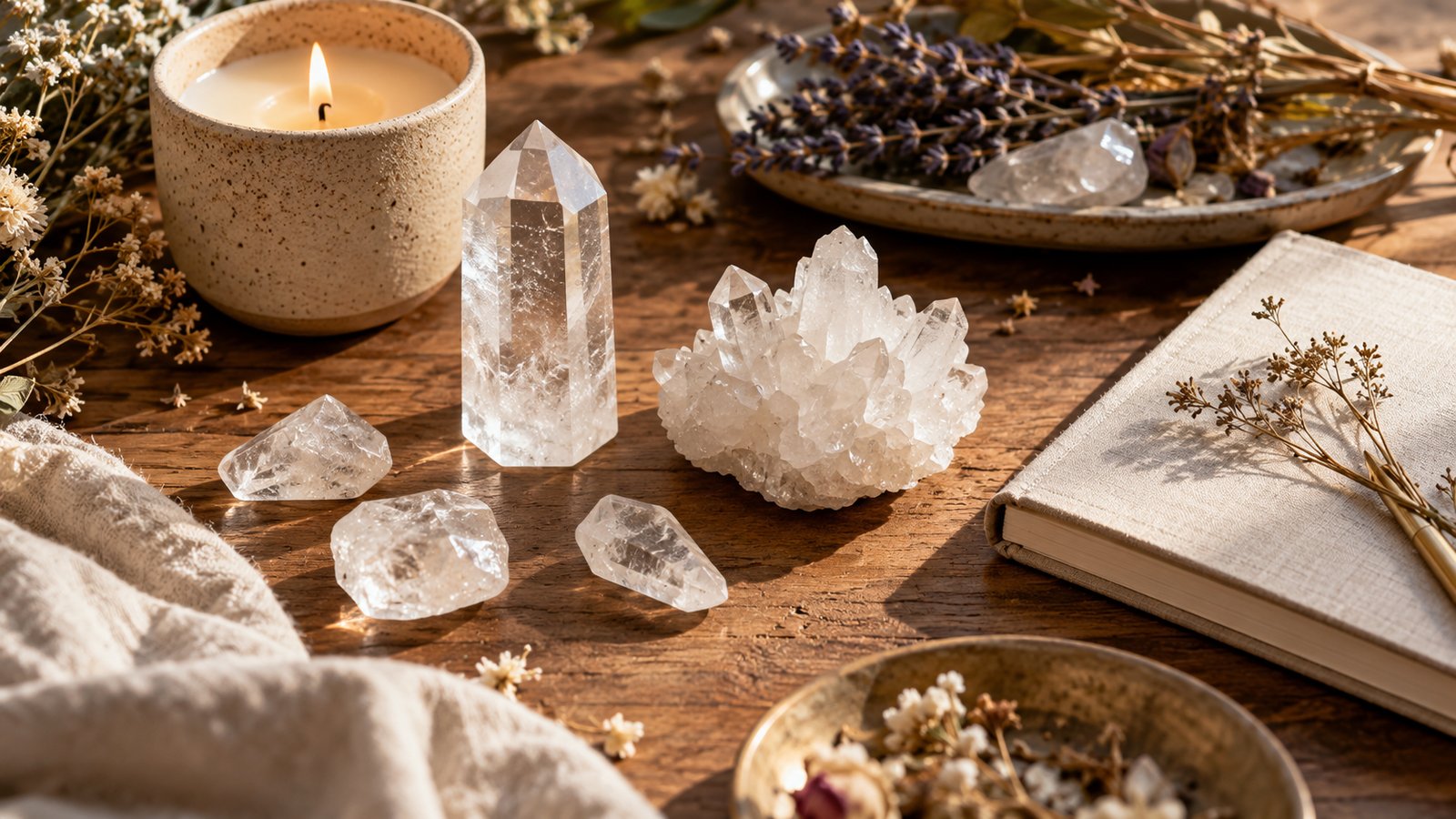 Clear quartz points and tumbled stones on a wooden table with a candle
