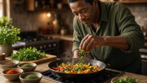 Man seasoning a vegetable skillet with fresh herbs and spices in a warm kitchen