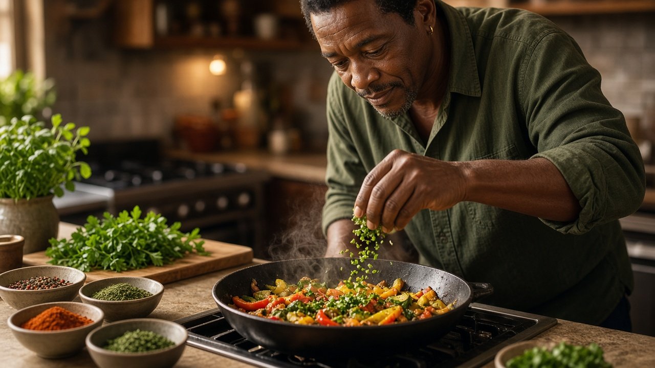 Man seasoning a vegetable skillet with fresh herbs and spices in a warm kitchen