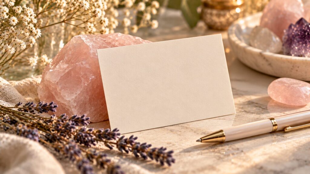 Blank cream care card leaning on rose quartz beside a pen and dried lavender