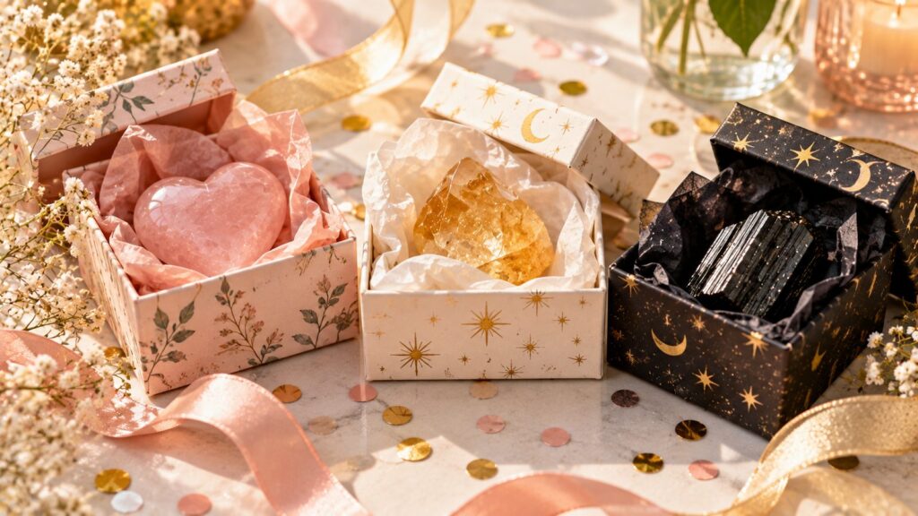 Three small gift boxes holding rose quartz, citrine and black tourmaline with ribbon and confetti