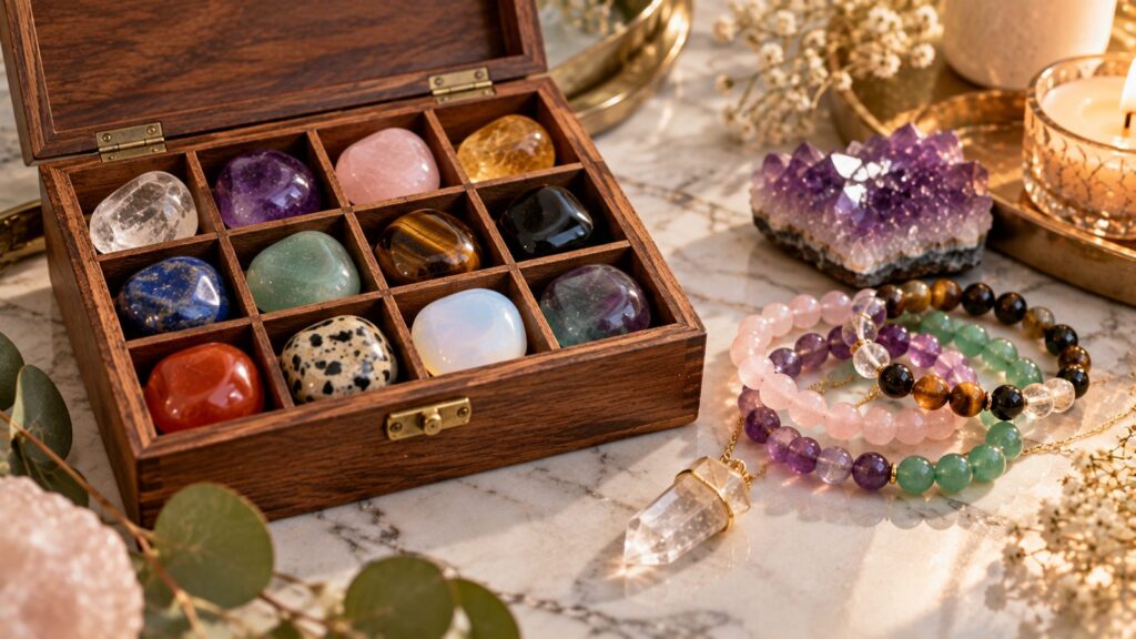 Wooden crystal gift set box of tumbled stones beside gemstone bead bracelets and a crystal pendant