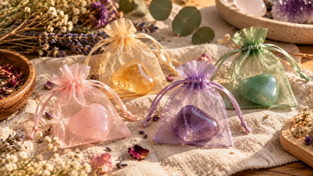 Organza gift pouches holding rose quartz, citrine, amethyst and green aventurine on linen