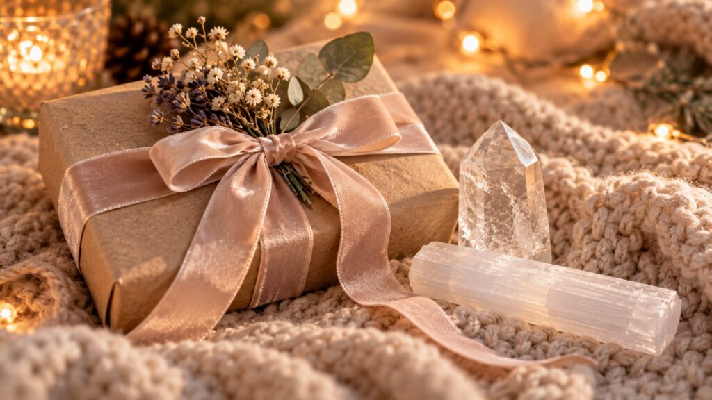 Wrapped gift with a ribbon beside a clear quartz point and selenite stick on a knit blanket