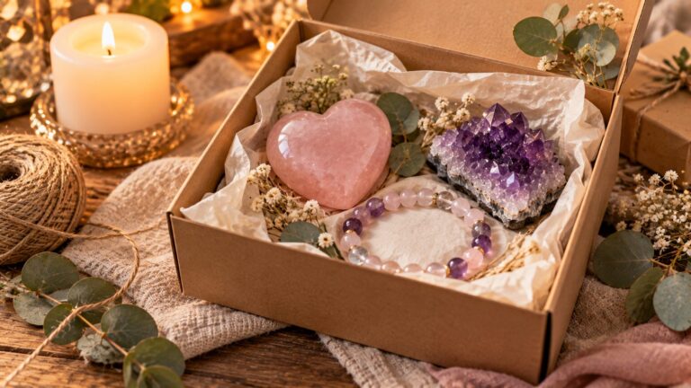 Open kraft gift box with tissue holding a rose quartz heart, amethyst cluster and crystal bracelet