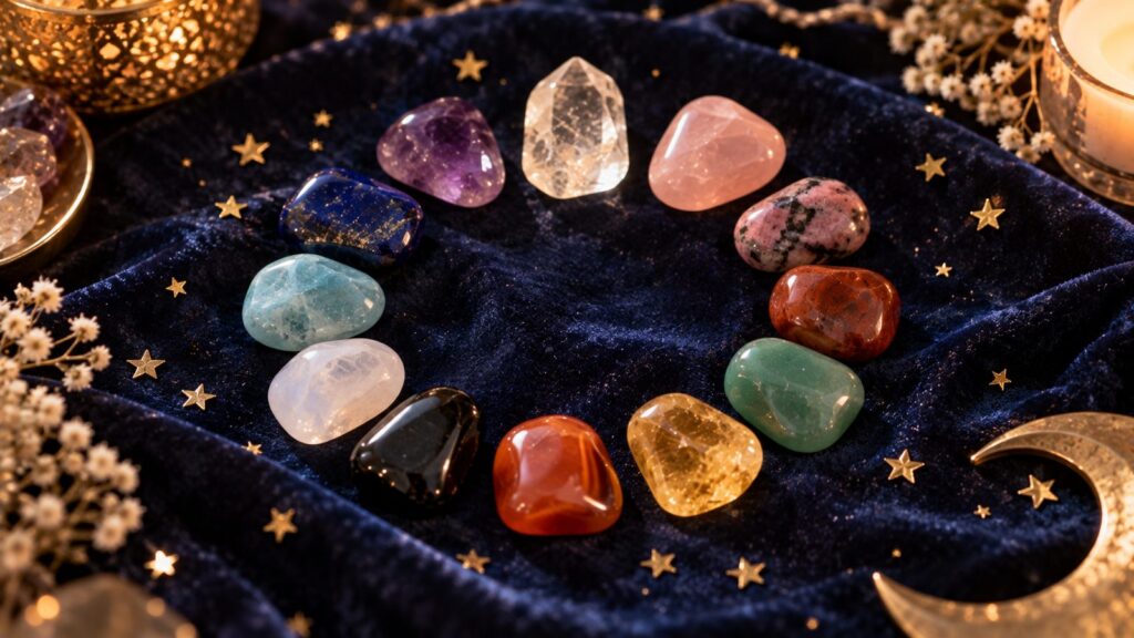 Twelve tumbled gemstones arranged in a circle on navy velvet, one for each zodiac sign