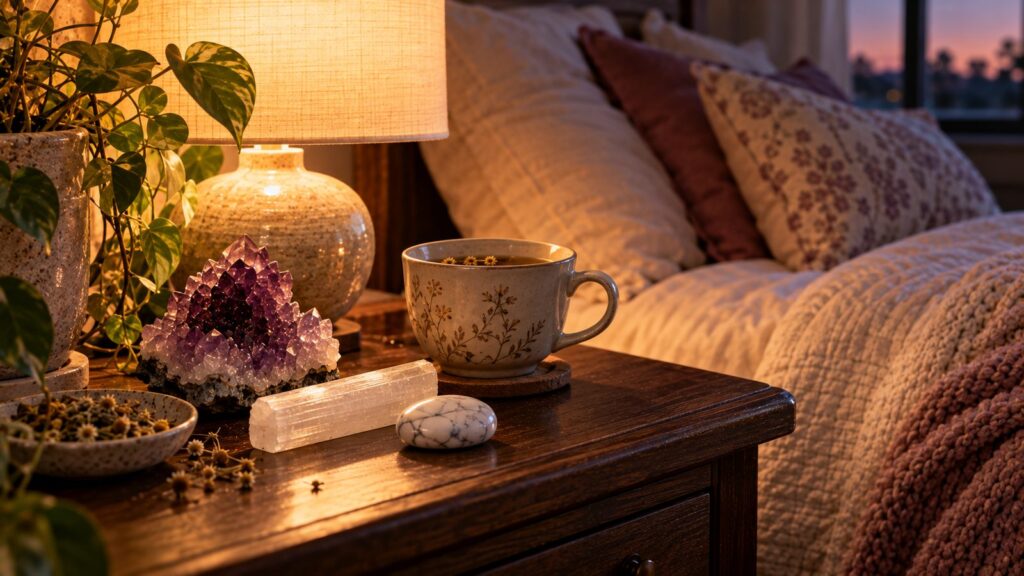 Bedside nightstand with an amethyst cluster, selenite stick, white howlite stone, lamp and herbal tea
