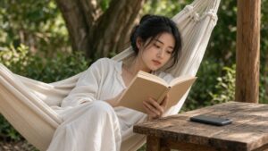 Young woman reading a paperback in a hammock with her phone face down on a nearby table during a digital detox