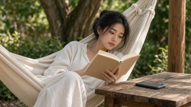 Young woman reading a paperback in a hammock with her phone face down on a nearby table during a digital detox