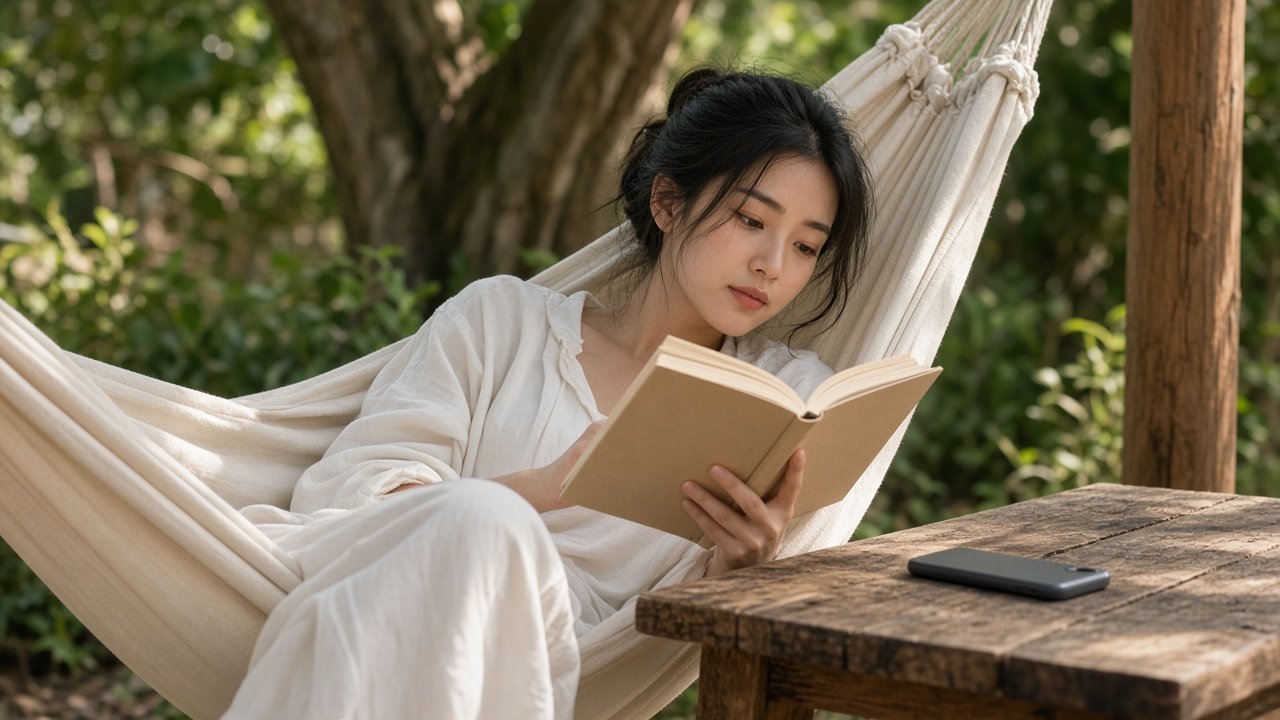 Young woman reading a paperback in a hammock with her phone face down on a nearby table during a digital detox