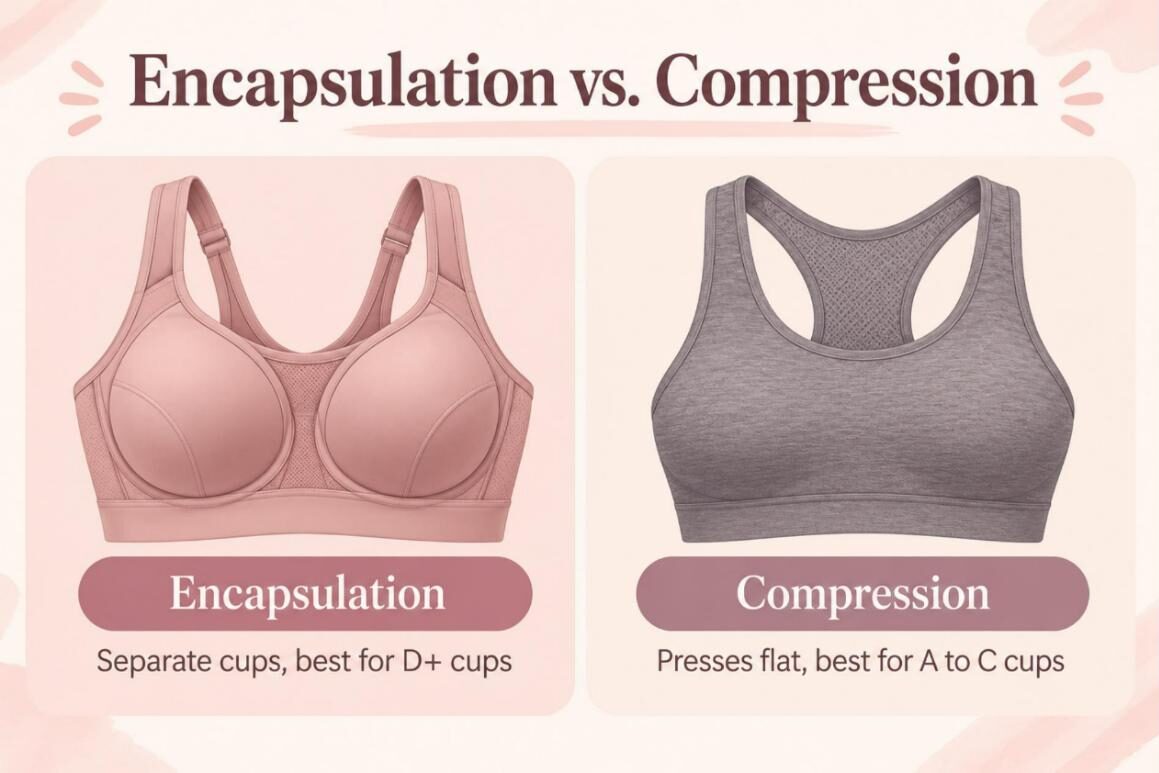 Infographic comparing encapsulation and compression sports bras for large breasts