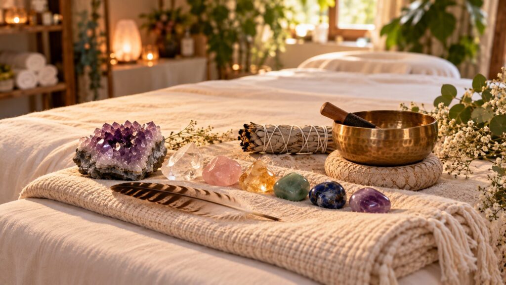 Crystals laid on a folded blanket on a massage table with a feather, sage bundle and singing bowl