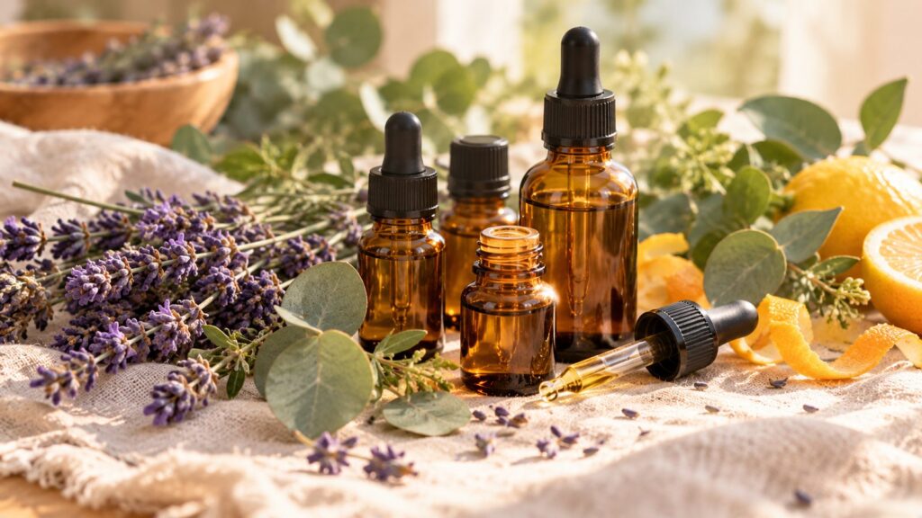 Amber essential oil bottles with droppers beside fresh lavender, eucalyptus and lemon peel