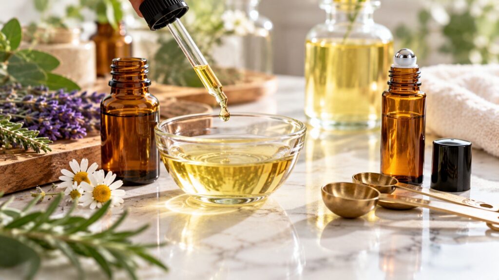 Glass dropper adding a drop of essential oil to a bowl of carrier oil, with measuring spoons and a roller bottle