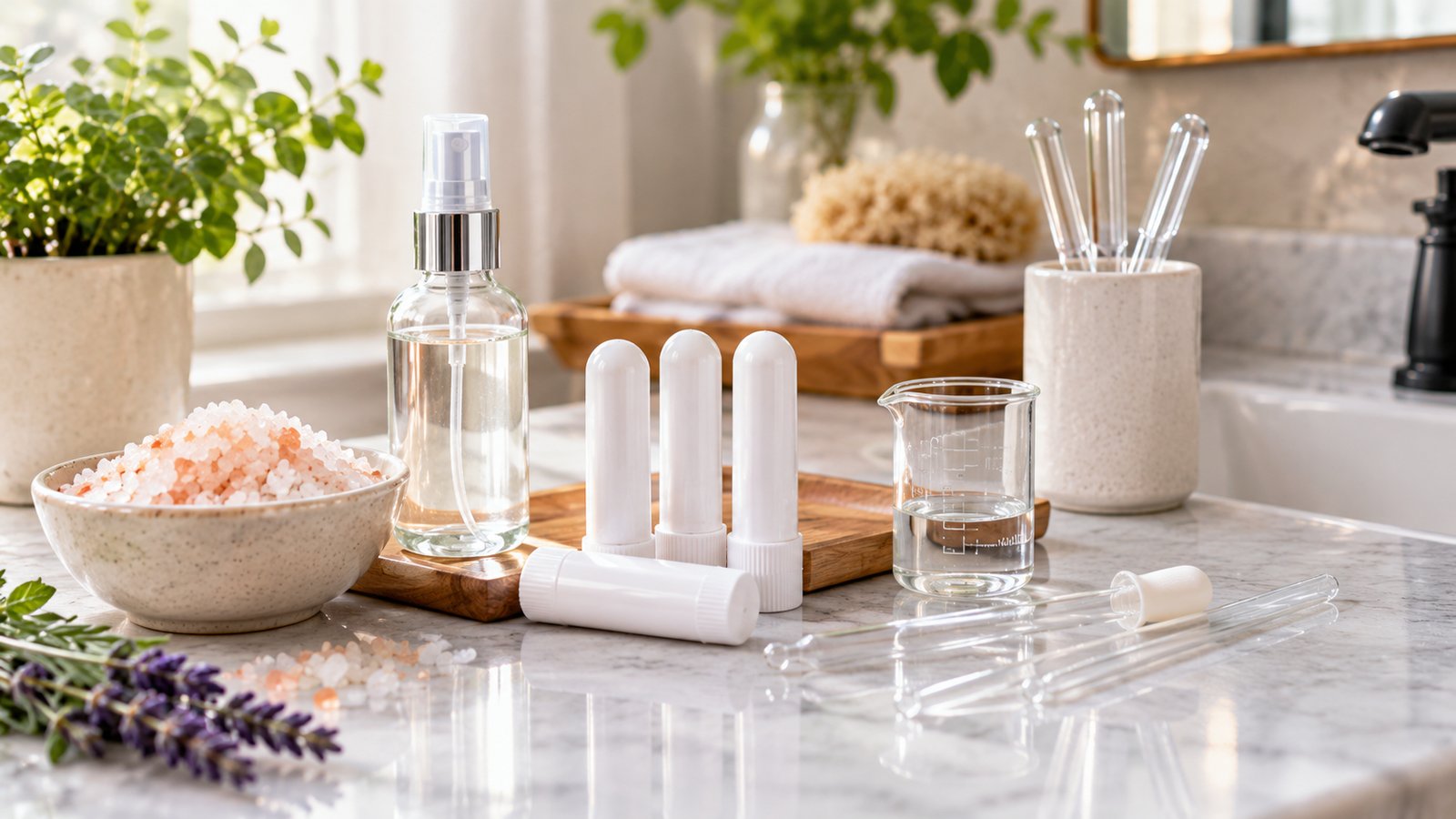 Blank aroma inhaler tubes, glass spray bottle, bath salts and pipettes on a bathroom counter