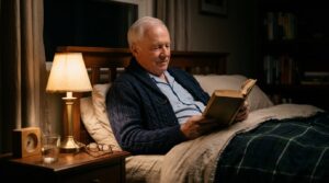 Older man in a cardigan reading a book in bed by warm lamplight, part of a calm evening wind-down routine before sleep